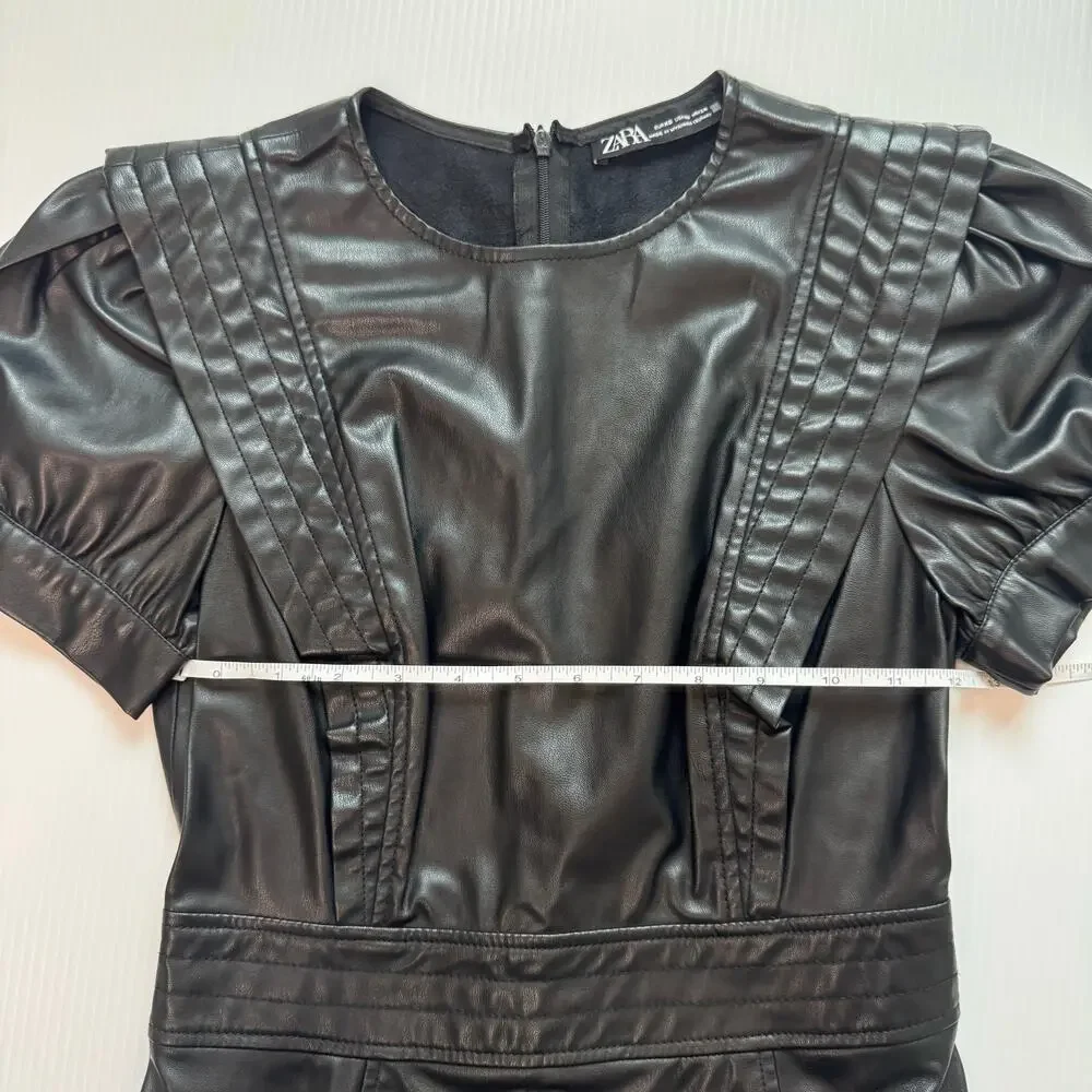 Zara Faux Leather Mini Dress Black Women's XS Ruffle Puff Flounce Hem Coquette - Picture 14 of 16
